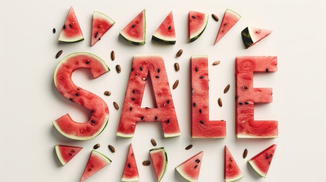 Watermelon slices arranged to form the word sale, showcasing fresh fruit creativity ideal for summer promotions during the afternoon