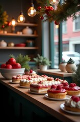 Christmas cakes in a pastry shop against the background of a Christmas tree and decorations. Desserts with cream and berries in a coffee shop. Bakery with New Year's sweets. New Year's pink cake.