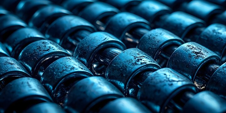 Close-up of interconnected blue metal links, showcasing a textured surface with subtle reflections, creating an industrial and modern feel.