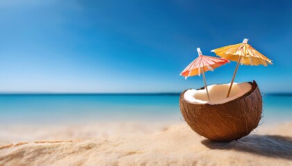A coconut with colorful umbrellas resting on sandy beach at a sunny seaside location. Generative AI