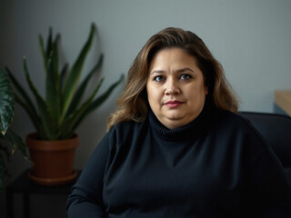 overweight woman in her 50s, specialist, layered sweater, aloe vera, calm and striking lighting