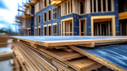Stack of plywood sheets in front of unfinished building under construction.