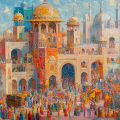 generated illustration of a holiday on the river at the temple in the eastern city