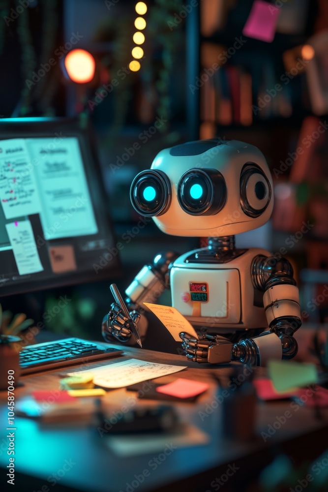 Poster creative robot working at a desk in a dimly lit office, surrounded by colorful sticky notes and digi