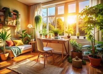 Fototapeta premium Sunlit Bedroom with Desk and Scenic View: Bright Natural Light and Cozy Decor
