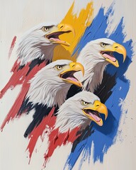 Fototapeta premium A collage of bald eagles with exaggerated facial expressions, set against a vibrant studio backdrop featuring splashes of blue, red, and yellow for a bold and playful vibe.