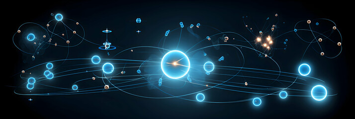 Obraz premium Vector design of nuclear fusion reactions, with glowing particles and atomic symbols interacting, abstract scientific lines forming a modern concept