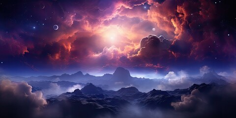 Naklejka premium Purple sky with clouds and stars