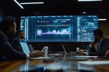 Dynamic Business Meeting: Professionals Analyzing Financial Data and Trends on Large Screen in Modern Conference Room