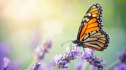 Fototapeta premium Butterfly close-up on purple flower plant with blurred background