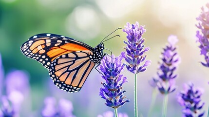 Fototapeta premium Butterfly on a plant with purple flowers