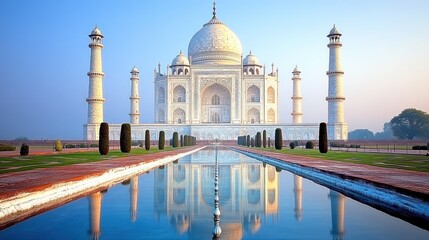 Naklejka premium The Taj Mahal, a white marble mausoleum, stands majestically against a blue sky, its reflection mirrored in a serene pool of water.