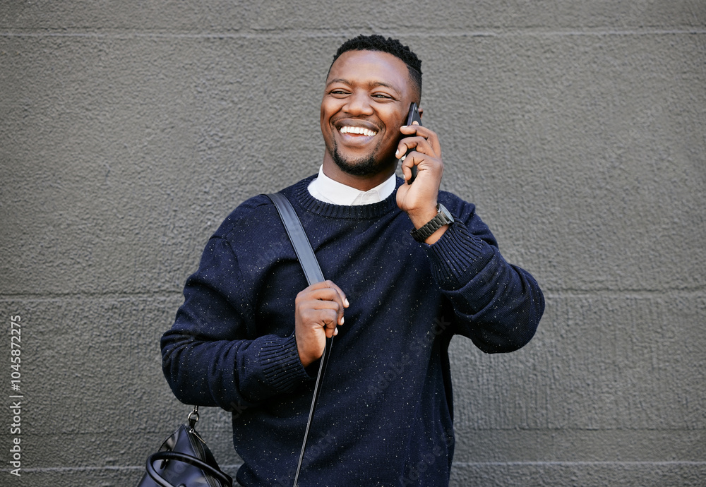 Poster outdoor, business and black man with happiness in phone call for communication or conversation in ne