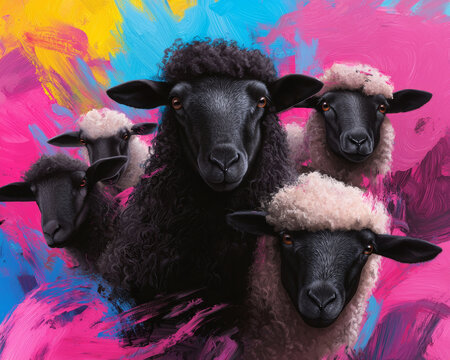 A vibrant collage of Zwartbles sheep with exaggerated wool curls, arranged on a background of bold, dynamic brush strokes in pink, blue, and yellow hues.