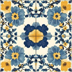 A vibrant floral tile design featuring blue and yellow blossoms on a light background, creating a fresh, cheerful atmosphere, perfect for home decor or art.