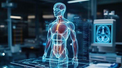 Holographic projection of a human body with detailed musculature in a futuristic medical setting.