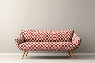 Mid-century modern sofa with tapered wooden legs and bold, geometric patterns in a retro-styled living room, Mid-century modern sofa, Retro design