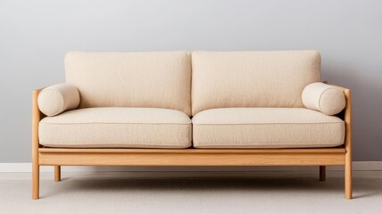 Scandinavian-inspired sofa with light wood frame and soft cushions, set in a cozy, minimalist living space, Scandinavian sofa, Nordic design
