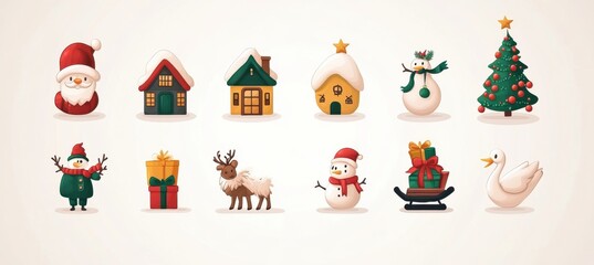 Fototapeta premium Charming illustration showcasing cute Christmas icons including Santa Claus, festive houses, snowmen, decorated Christmas tree, reindeer, sled, gift box, and winter swan. Perfect for holiday designs.