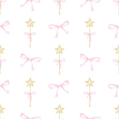 magic wand, bows. Watercolor seamless pattern on white background for textile and wrapping paper in pastel colors. Cute girly illustration for little princesses