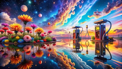 Obraz premium Surreal Fuel Pumps at Twilight - A Dreamlike Scene of Petrol Stations in an Otherworldly Landscape