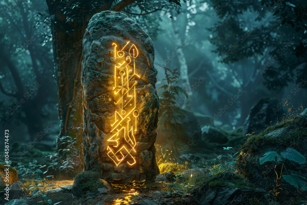 Poster a glowing stone with a mysterious symbol on it sits in a forest