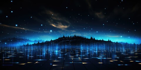 A digital landscape glows blue.