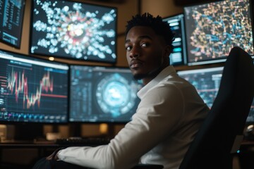 Fototapeta premium Focused analyst monitoring multiple data screens in a modern trading room, analyzing market trends and digital analytics for strategic decision-making.