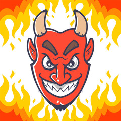 the devil head in hell among the fire. hellish laughter