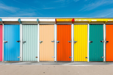 A row of colorful beach houses with a blue sky in the background