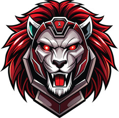 Fototapeta premium RedEyed Cybernetic Lion Mascot with Red Mane