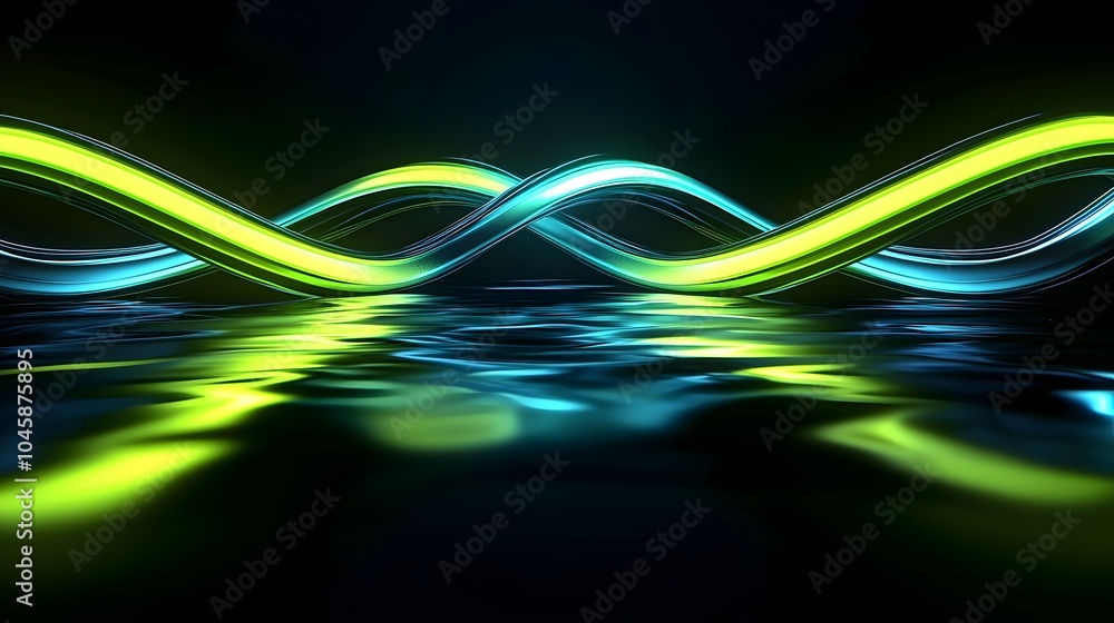 Poster A mesmerizing abstract image featuring flowing lines of bright green and blue that ripple across a reflective surface, creating a serene and dynamic visual experience.