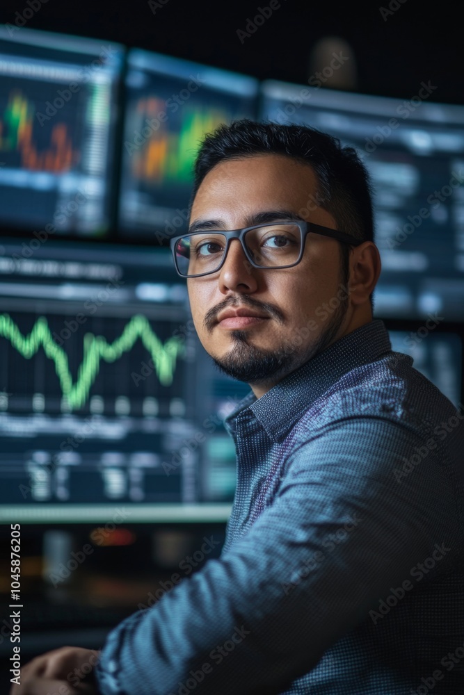 Poster focused trader analyzing financial data on multiple screens, showcasing stock market trends and adva