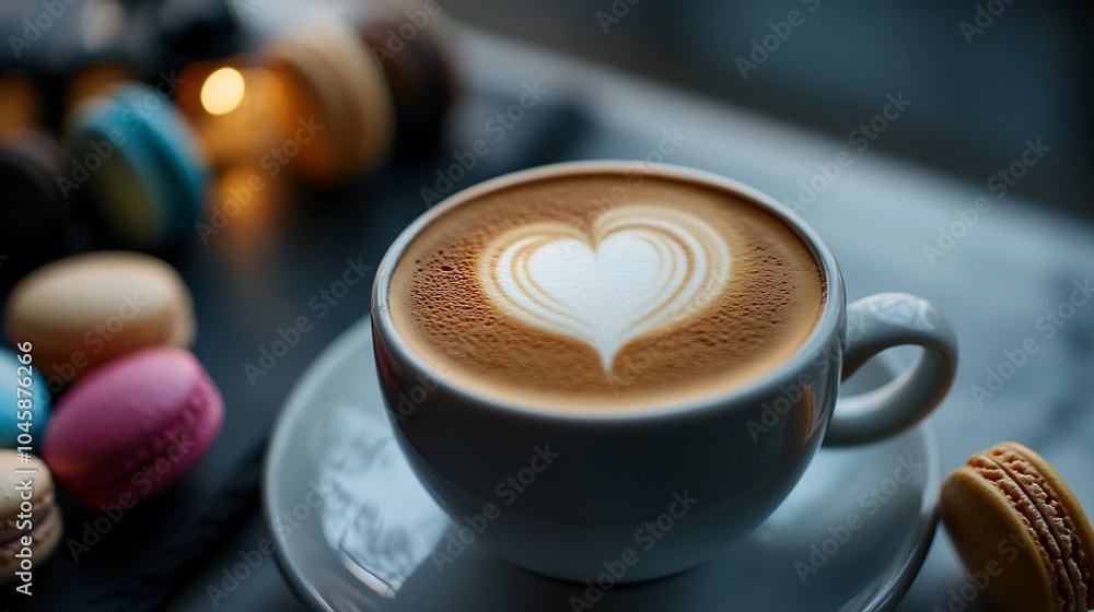 Poster a cup of cappuccino with a heart-shaped design in the foam, surrounded by colorful macarons on a tab
