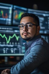 Focused trader analyzing financial data on multiple screens, showcasing stock market trends and advanced analytics in a modern trading environment.
