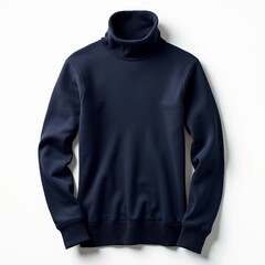 Elegant navy blue turtleneck sweater on white background