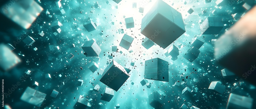 Poster an abstract, ethereal scene depicting floating geometric cubes in a vibrant blue and teal environmen