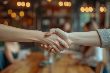 Two people shaking hands at a table in a cafe.