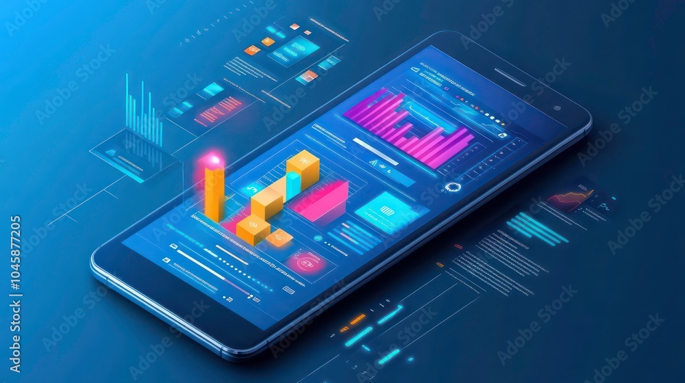 Poster a smartphone with a glowing bar chart on the screen, representing data analysis and business growth.