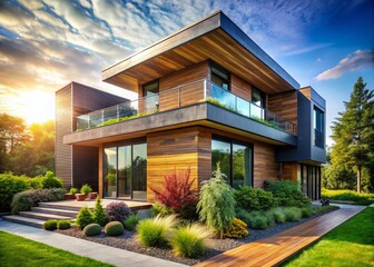Fototapeta premium Sustainable Beauty: Recycled Wood Siding in Modern Architecture for Eco-Friendly Homes