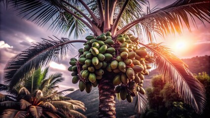 Tall Palm Tree with Vibrant Green Fruit in Tropical Landscape Under Sunny Sky