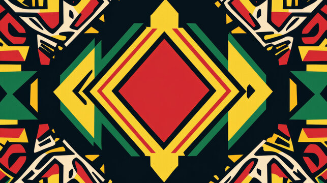 African Tribal Pattern: Vibrant and intricate, this seamless pattern features bold geometric shapes and traditional African tribal motifs in a captivating color palette of red, green.