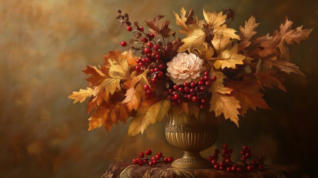 A still life arrangement featuring a white rose, red berries, and autumn leaves in a silver vase.