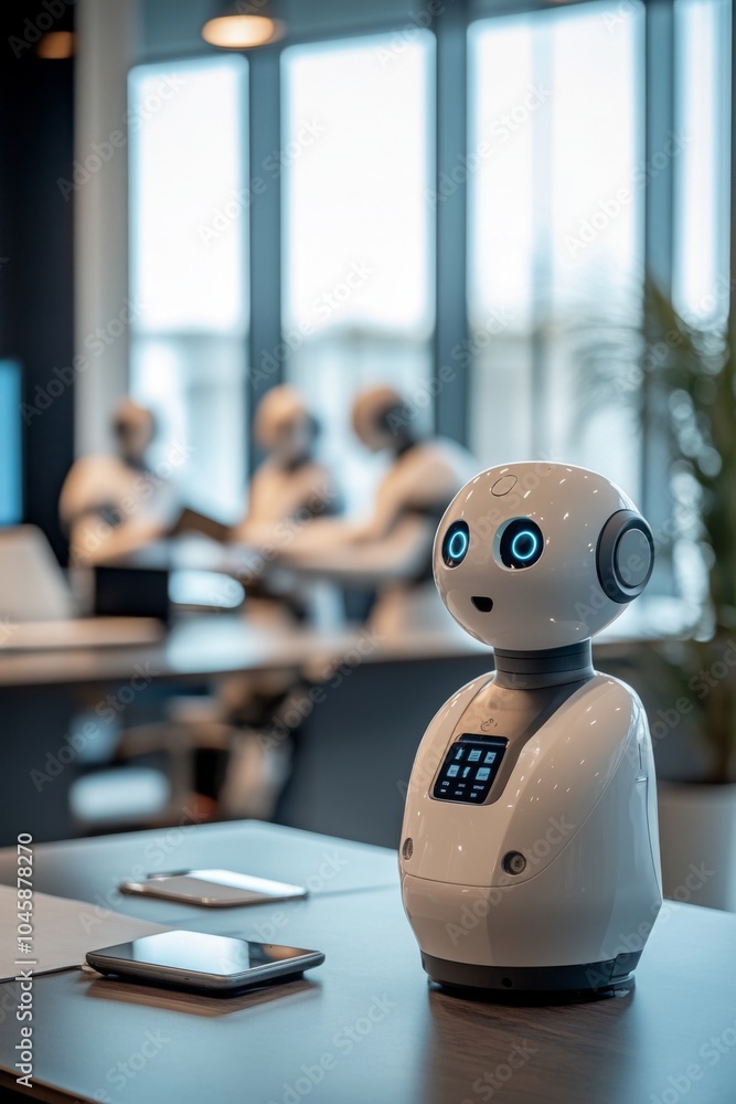 Poster friendly humanoid robot in a modern office setting, featuring advanced ai technology and digital int