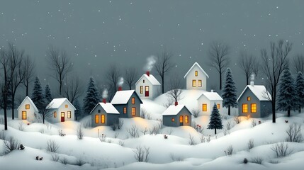 Naklejka premium Charming winter village with snow-covered houses and glowing windows at dusk in a serene landscape