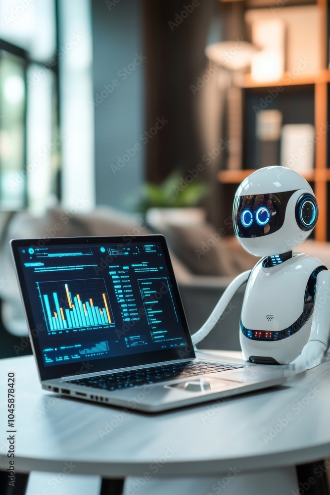 Poster friendly robot assistant analyzing data on a laptop in a modern office setting, showcasing the integ