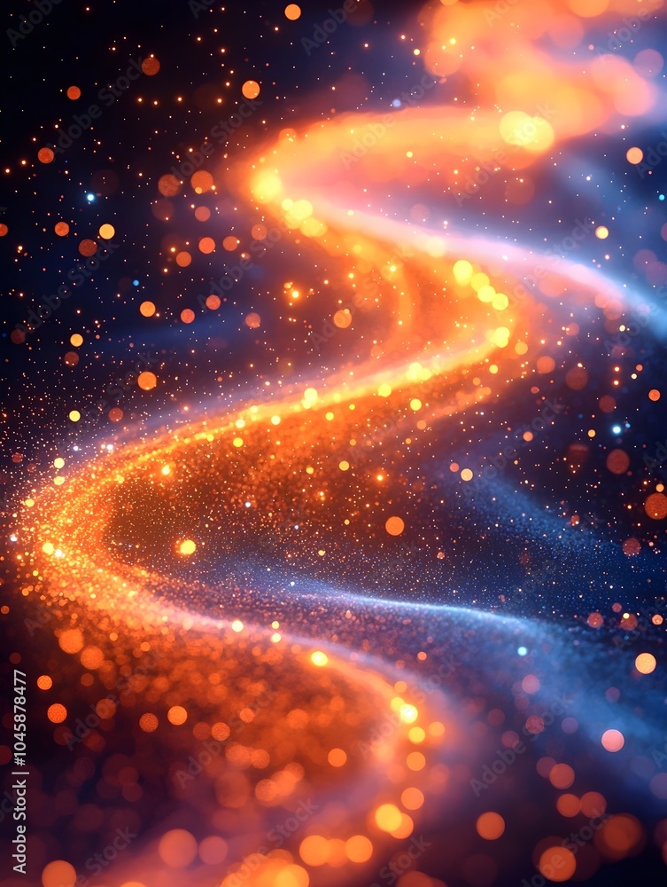 Poster an abstract swirl of vibrant orange and blue particles, creating a mystical and dynamic flow against