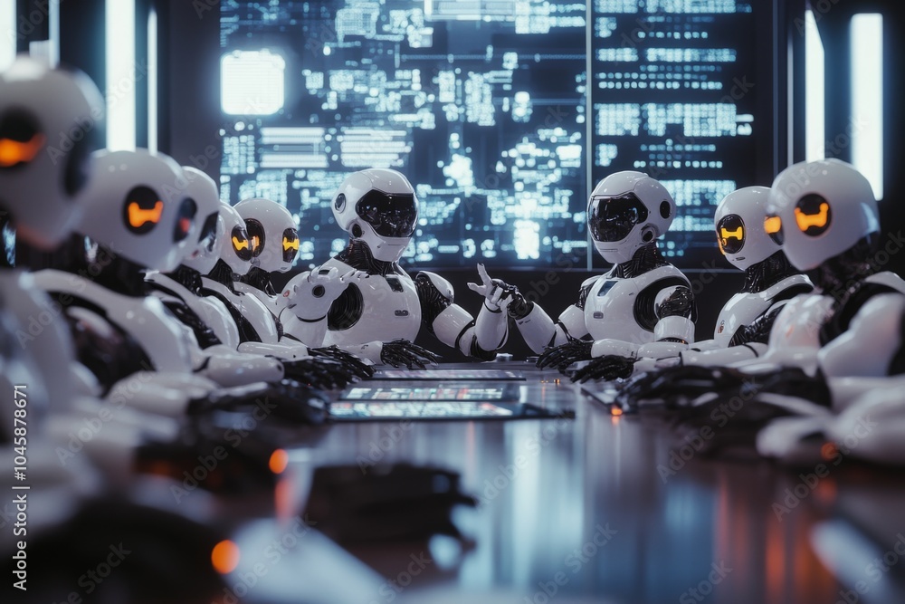 Poster futuristic ai conference: a diverse group of humanoid robots engaged in a high-tech boardroom discus