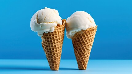 Two scoops of vanilla ice cream in waffle cones against a blue background.