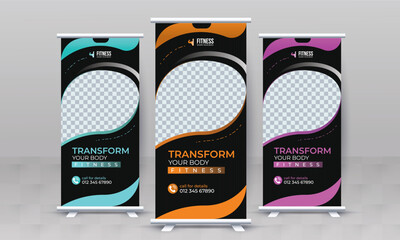 Fitness gym creative standee x rollup banner design vector template retractable bodybuilding advertisement signage